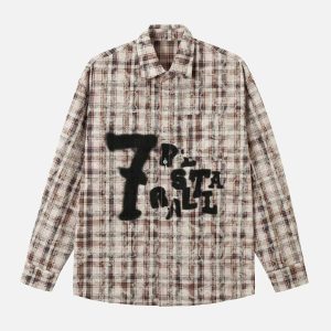 Concert Outfit Plaid Graffiti Spray-Painted Letters Long Sleeve Shirt