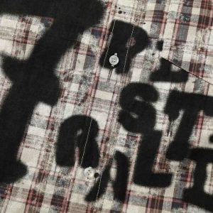 Concert Outfit Plaid Graffiti Spray-Painted Letters Long Sleeve Shirt