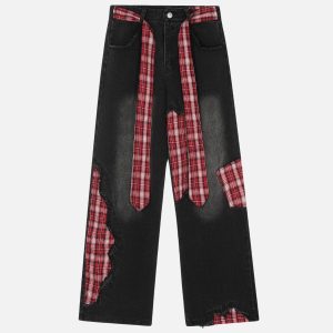 Concert Outfit Plaid Patchwork Jeans