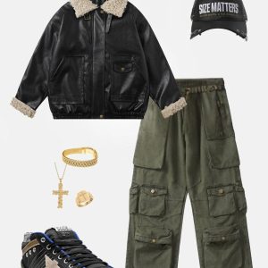 Concert Outfit Plush Collar Faux Leather Jacket