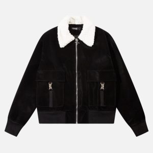 Concert Outfit Plush Collar Suede Faux Leather Jacket