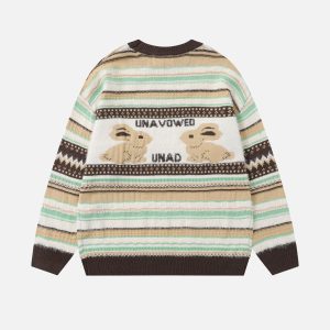 Concert Outfit Rabbit Jacquard Bow Decorative Stripes Sweater