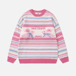 Concert Outfit Rabbit Jacquard Bow Decorative Stripes Sweater