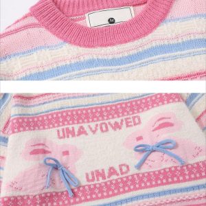 Concert Outfit Rabbit Jacquard Bow Decorative Stripes Sweater