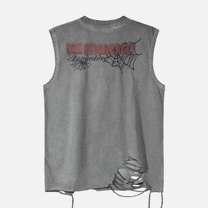 Concert Outfit Raggedy Design Spider Web Graphic Vest