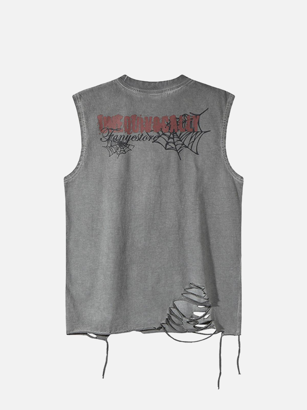 Concert Outfit Raggedy Design Spider Web Graphic Vest Concert Outfit Raggedy Design Spider Web Graphic Vest