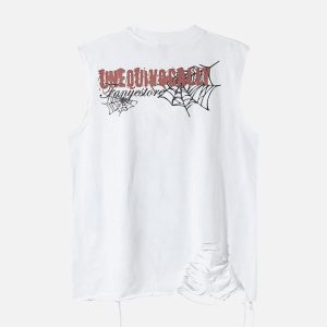 Concert Outfit Raggedy Design Spider Web Graphic Vest