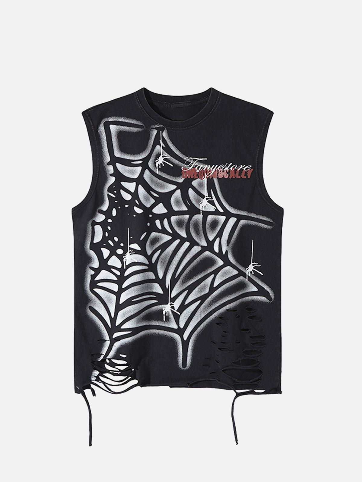 Concert Outfit Raggedy Design Spider Web Graphic Vest Concert Outfit Raggedy Design Spider Web Graphic Vest