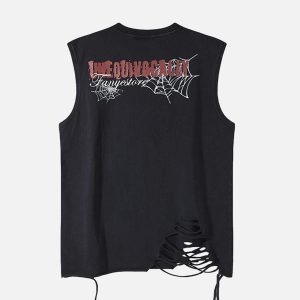 Concert Outfit Raggedy Design Spider Web Graphic Vest