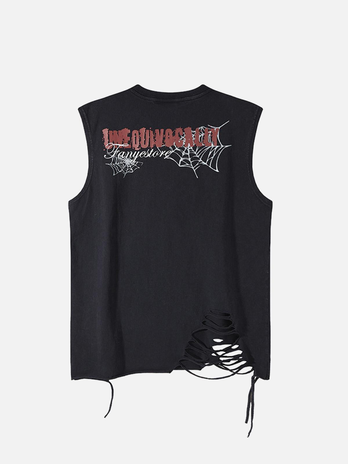 Concert Outfit Raggedy Design Spider Web Graphic Vest Concert Outfit Raggedy Design Spider Web Graphic Vest
