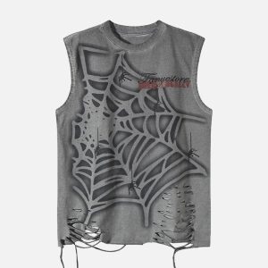 Concert Outfit Raggedy Design Spider Web Graphic Vest