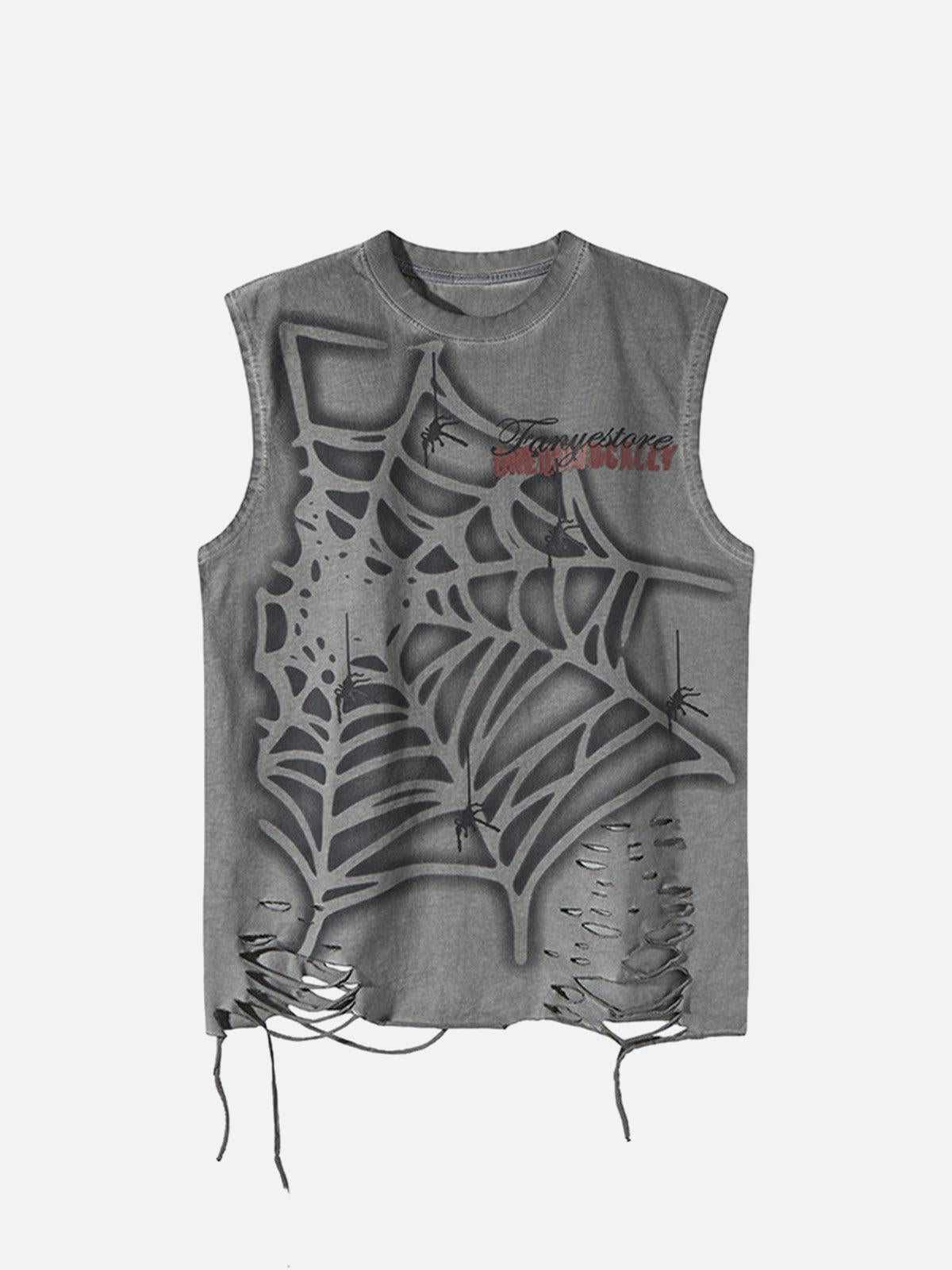 Concert Outfit Raggedy Design Spider Web Graphic Vest Concert Outfit Raggedy Design Spider Web Graphic Vest
