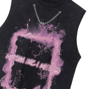 Concert Outfit Retro Distressed Washed Smoke Printed Vest
