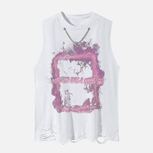 Concert Outfit Retro Distressed Washed Smoke Printed Vest