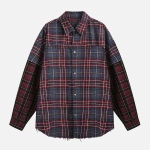 Concert Outfit Retro Faux Two-Piece Plaid Shirt