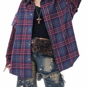 Concert Outfit Retro Faux Two-Piece Plaid Shirt