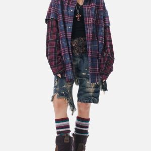 Concert Outfit Retro Faux Two-Piece Plaid Shirt