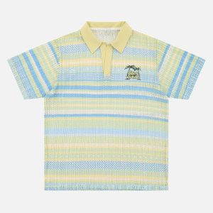 Concert Outfit Retro Gradient Striped Hollow POLO Shirt