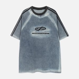 Concert Outfit Retro Letter Embroidery Contrast Denim T-Shirt