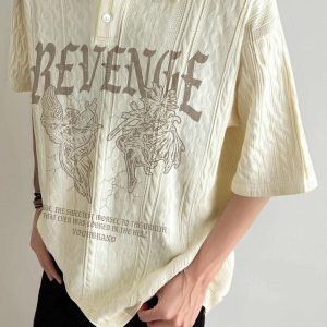 Concert Outfit Retro Letter Print Lapel Short Sleeve Polo Shirt