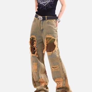 Concert Outfit Retro Patchwork Camouflage Flared Jeans