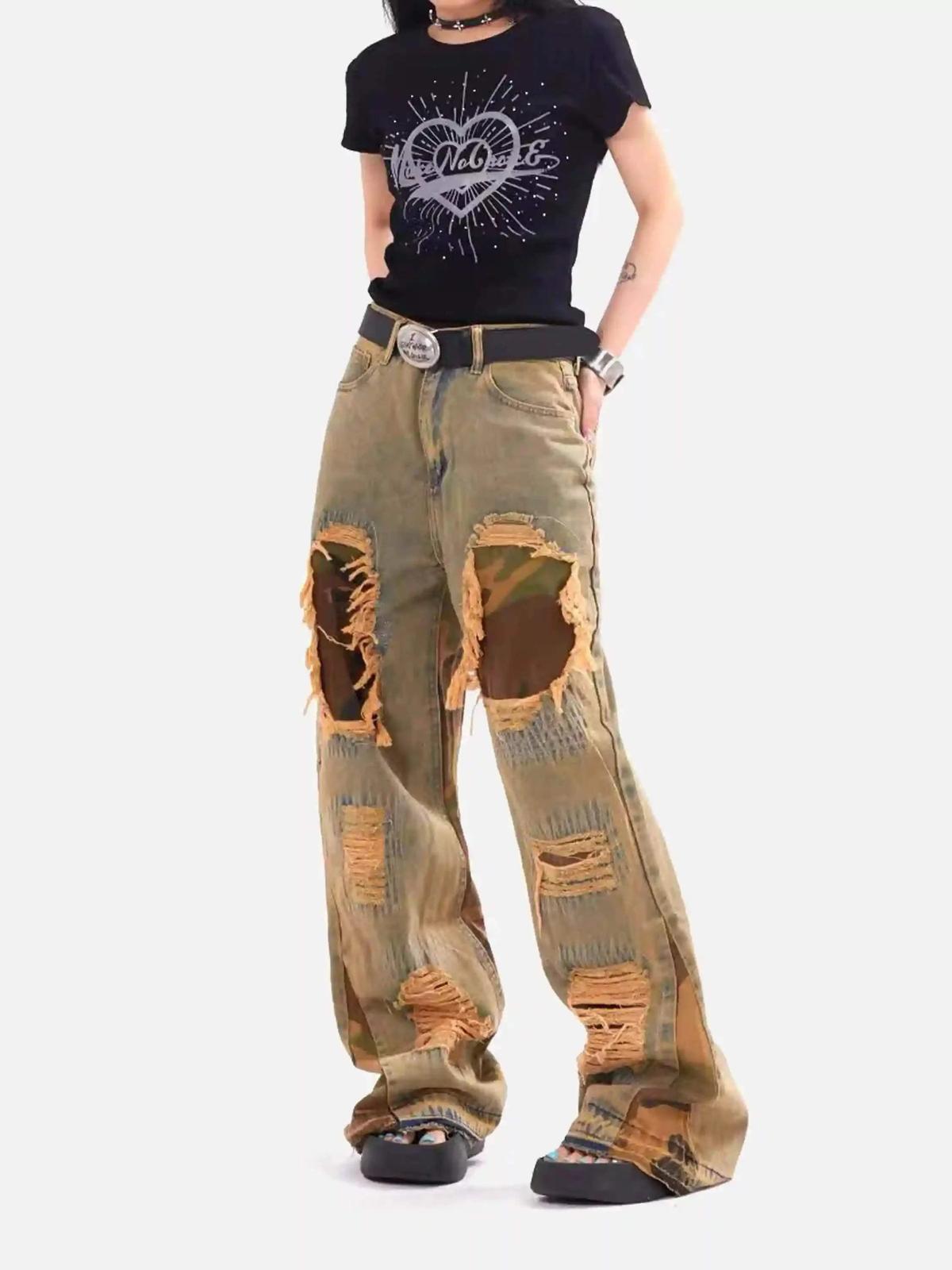 Concert Outfit Retro Patchwork Camouflage Flared Jeans Concert Outfit Retro Patchwork Camouflage Flared Jeans