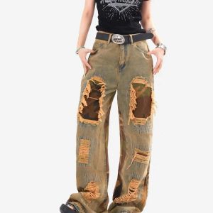 Concert Outfit Retro Patchwork Camouflage Flared Jeans