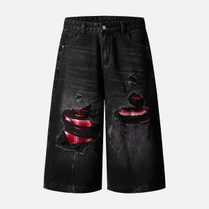 Concert Outfit Retro Ripped Contrast Plaid Denim Shorts
