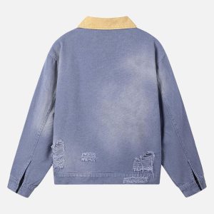 Concert Outfit Retro Ripped Washed Contrast Color Work Jacket
