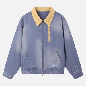 Concert Outfit Retro Ripped Washed Contrast Color Work Jacket