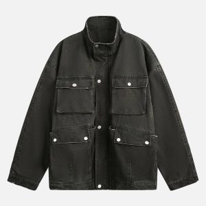 Concert Outfit Retro Washed Distressed Multi-Pocket Work Jacket