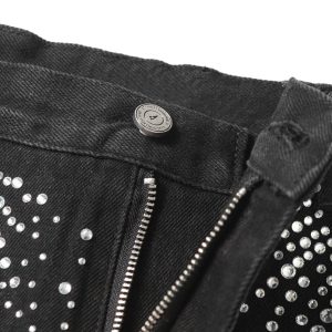 Concert Outfit Retro Washed Rhinestone Raw Edge Denim Shorts