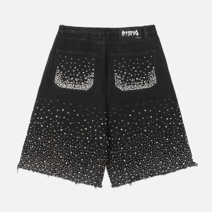 Concert Outfit Retro Washed Rhinestone Raw Edge Denim Shorts