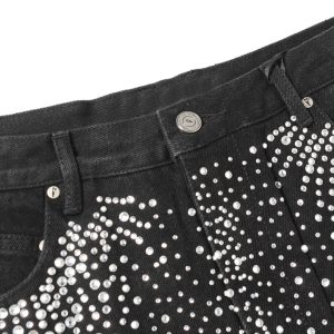 Concert Outfit Retro Washed Rhinestone Raw Edge Denim Shorts
