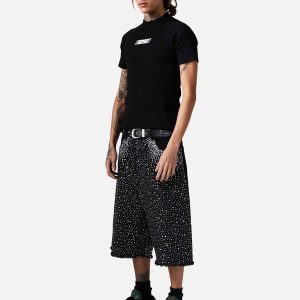 Concert Outfit Retro Washed Rhinestone Raw Edge Denim Shorts