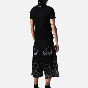 Concert Outfit Retro Washed Rhinestone Raw Edge Denim Shorts