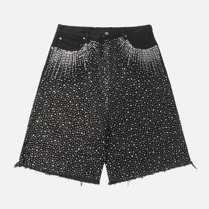 Concert Outfit Retro Washed Rhinestone Raw Edge Denim Shorts