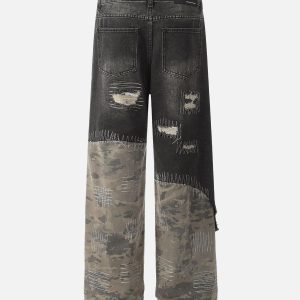 Concert Outfit Ripped Camouflage Patchwork Baggy Jeans