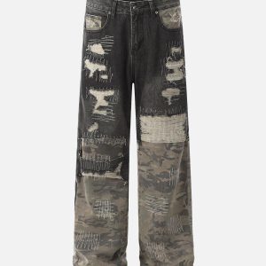 Concert Outfit Ripped Camouflage Patchwork Baggy Jeans