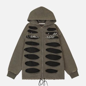 Concert Outfit Ripped Drawstring Zip-Up Jacket