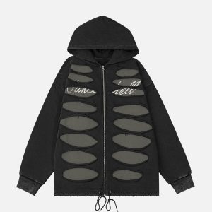 Concert Outfit Ripped Drawstring Zip-Up Jacket