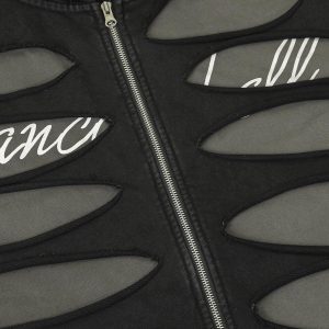 Concert Outfit Ripped Drawstring Zip-Up Jacket