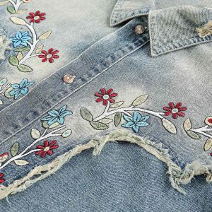Concert Outfit Ripped Embroidered Floral Denim Shirt