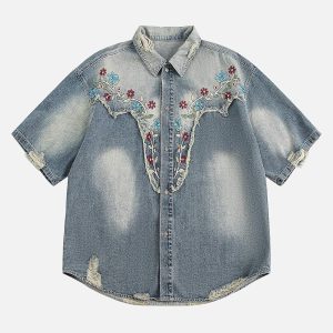 Concert Outfit Ripped Embroidered Floral Denim Shirt