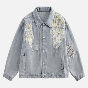 Concert Outfit Ripped Lace Panel Denim Jacket