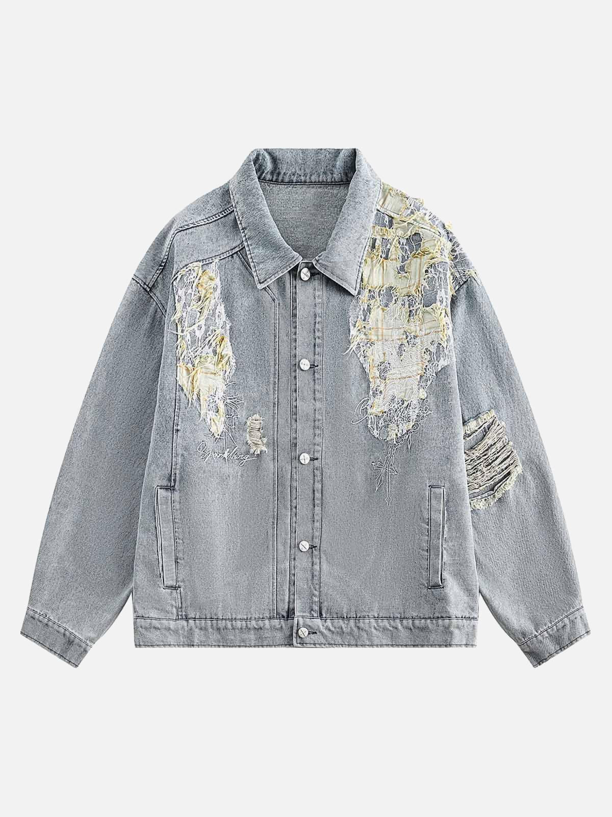 Concert Outfit Ripped Lace Panel Denim Jacket Concert Outfit Ripped Lace Panel Denim Jacket