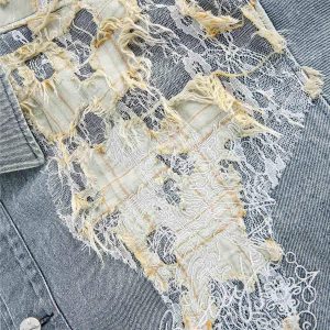 Concert Outfit Ripped Lace Panel Denim Jacket
