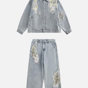 Concert Outfit Ripped Lace Panel Denim Jacket