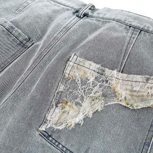 Concert Outfit Ripped Lace Panel Denim Pants