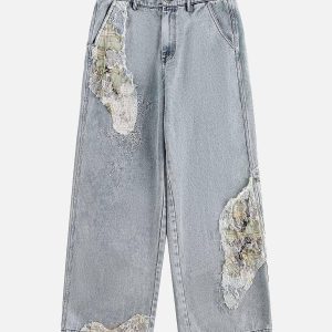Concert Outfit Ripped Lace Panel Denim Pants